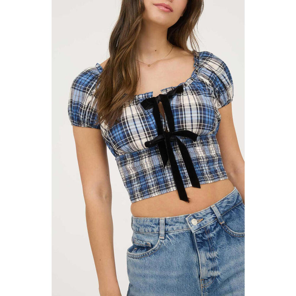 NWT! Blu Pepper Plaid Bow Top in Navy Size Medium